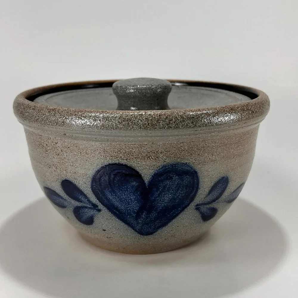 Vtg Rowe Pottery Works Butter Dish Crock Lid Stoneware Salt Glazed 80s